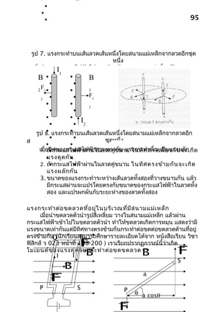 •                   x
         •
     •
         •                                                      95




 รูป 7. แรงกระทำาบนเส้นลวดเส้นหนึ่งโดยสนามแม่เหล็กจากลวดอีกชุด
                               หนึ่ง
 เมื่อทิศของกระแสไฟฟ้าไปทางเดียวกัน
           I                            แรงกระทำานี้จะเป็นแรงดูด
                 1
    B    •           •                B
             •           •
     F
    2 1•             •                1
             •           •            F1
     2
         •           •
                                      2
             •           •
         •           •
             •           •
                                 I2
          •         •
    รูป 8. แรงกระทำาบนเส้นลวดเส้นหนึ่งโดยสนามแม่เหล็กจากลวดอีก
            •         •
สรุป •                         ชุดหนึ่ง
                    •
      เมื่อทิศของกระแสไฟฟ้าสวนทางกันาน ในทิศ านี้จะเป็ย วกัน จะเกิด
      1. ถ้• กระแสไฟฟ้าผ่านในลวดคู่ข น แรงกระทำ ทางเดี นแรงผลัก
             า        •
          •แรงดูด กัน
                    •
      2. ถ้• กระแสไฟฟ้าผ่านในลวดคู่ขนาน ในทิศ ตรงข้า มกัน จะเกิด
             า        •
           แรงผลัก กัน
      3. ขนาดของแรงกระทำาระหว่างเส้นลวดทั้งสองที่วางขนานกัน แล้ว
           มีกระแสผ่านจะแปรโดยตรงกับขนาดของกระแสไฟฟ้าในลวดทั้ง
           สอง และแปรผกผันกับระยะห่างของลวดทั้งสอง

แรงกระทำา ต่อ ขดลวดที่อ ยู่ใ นบริเ วณที่ม ีส นามแม่เ หล็ก
      เมื่อนำาขดลวดตัวนำารูปสี่เหลี่ยม วางในสนามแม่เหล็ก แล้วผ่าน
กระแสไฟฟ้าเข้าไปในขดลวดตัวนำา ทำาให้ขดลวดเกิดการหมุน แสดงว่ามี
แรงขนาดเท่ากันแต่มีทิศทางตรงข้ามกันกระทำาต่อขดต่อขดลวดด้านที่อยู่
            Q          R     
ตรงข้ามกัน (นักเรียนสามารถศึกษารายละเอียดได้จาก หนังสือเรียน วิชา
                             F                             
ฟิสิกส์ ว 023 หน้าที่ 198-200 ) เราเรียกปรากฏการณ์นี้ว่าเกิด
                                                
โมเมนต์ข องแรงคู่ค วบกระทำา ต่อ ขดขดลวด
              I    I     B                       B         F
                                                             S
                     B
                                                a
             F
     P                       S             P   θ a cosθ
                                           
                                           F
 