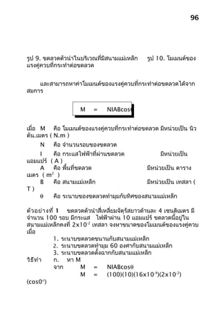 96




รูป 9. ขดลวดตัวนำาในบริเวณที่มีสนามแม่เหล็ก    รูป 10. โมเมนต์ของ
แรงคู่ควบที่กระทำาต่อขดลวด


    และสามารถหาค่าโมเมนต์ของแรงคู่ควบที่กระทำาต่อขดลวดได้จาก
สมการ


                     M    =    NIABcosθ


เมื่อ M คือ โมเมนต์ของแรงคู่ควบที่กระทำาต่อขดลวด มีหน่วยเป็น นิว
ตัน.เมตร ( N.m )
     N    คือ จำานวนรอบของขดลวด
    I     คือ กระแสไฟฟ้าที่ผ่านขดลวด             มีหน่วยเป็น
แอมแปร์ ( A )
    A     คือ พื้นที่ขดลวด                 มีหน่วยเป็น ตาราง
เมตร ( m )
         2

    B     คือ สนามแม่เหล็ก                 มีหน่วยเป็น เทสลา (
T)
    θ     คือ ระนาบของขดลวดทำามุมกับทิศของสนามแม่เหล็ก

ตัว อย่า งที่ 1 ขดลวดตัวนำาสี่เหลี่ยมจัตุรัสยาวด้านละ 4 เซนติเมตร มี
จำานวน 100 รอบ มีกระแส ไฟฟ้าผ่าน 10 แอมแปร์ ขดลวดนี้อยู่ใน
สนามแม่เหล็กคงที่ 2x10-2 เทสลา จงหาขนาดของโมเมนต์ของแรงคู่ควบ
เมื่อ
           1. ระนาบขดลวดขนานกับสนามแม่เหล็ก
           2. ระนาบขดลวดทำามุม 60 องศากับสนามแม่เหล็ก
           3. ระนาบขดลวดตั้งฉากกับสนามแม่เหล็ก
วิธ ีท ำา    ก. หา M
             จาก    M =         NIABcosθ
                    M =         (100)(10)(16x10-4)(2x10-2)
(cos0°)
 