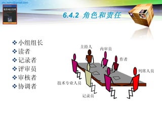 6.4.2  角色和责任 小组组长 读者 记录者 评审员 审核者 协调者 主持人 作者 记录员 列席人员 内审员 技术专业人员 