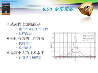 6.5.1  缺陷预防 从流程上加强控制 建立和规范工作流程 过程改进 采用有效的工作方法 代码评审 单元测试 提高个人的技术水平 自我学习和提高 
