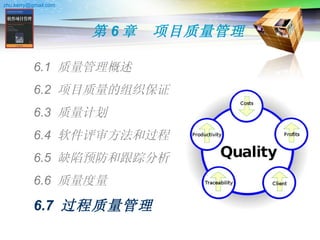 第 6 章　项目质量管理 6.1  质量管理概述 6.2  项目质量的组织保证 6.3  质量计划 6.4  软件评审方法和过程 6.5  缺陷预防和跟踪分析 6.6  质量度量 6.7  过程质量管理 