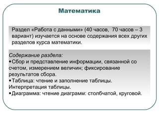Математика Раздел «Работа с данными» (40 часов,  70 часов – 3 вариант) изучается на основе содержания всех других разделов курса математики.  Содержание раздела: Сбор и представление информации, связанной со счетом, измерением величин; фиксирование результатов сбора. Таблица: чтение и заполнение таблицы. Интерпретация таблицы. Диаграмма: чтение диаграмм: столбчатой, круговой .   