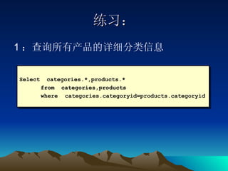 练习： 1 ：查询所有产品的详细分类信息 Select  categories.*,products.* from  categories,products  where  categories.categoryid=products.categoryid 