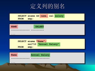定义列的别名 SELECT ename AS name, sal salary FROM  emp; NAME  SALARY ------------- --------- ... SELECT ename "Name", sal*12 "Annual Salary" FROM  emp; Name  Annual Salary ------------- ------------- ... 