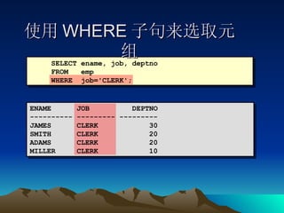 使用 WHERE 子句来选取元组 SELECT ename, job, deptno FROM  emp WHERE  job='CLERK'; ENAME  JOB  DEPTNO ---------- --------- --------- JAMES  CLERK  30 SMITH  CLERK  20 ADAMS  CLERK  20 MILLER  CLERK  10 