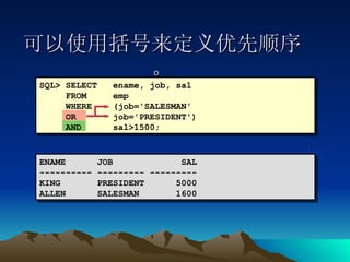 可以使用括号来定义优先顺序。 ENAME  JOB  SAL ---------- --------- --------- KING  PRESIDENT  5000 ALLEN  SALESMAN  1600 SQL> SELECT  ename, job, sal FROM  emp WHERE  (job='SALESMAN' OR  job='PRESIDENT') AND  sal>1500; 