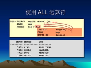 使用 ALL 运算符 EMPNO ENAME  JOB --------- ---------- --------- 7839 KING  PRESIDENT 7566 JONES  MANAGER 7902 FORD  ANALYST 7788 SCOTT  ANALYST SQL> SELECT  empno, ename, job FROM  emp WHERE  sal > ALL    (SELECT avg(sal) FROM emp GROUP BY deptno); 2916.6667 2175 1566.6667 