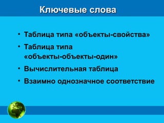 Ключевые словаКлючевые слова
• Таблица типа «объекты-свойства»
• Таблица типа
«объекты-объекты-один»
• Вычислительная таблица
• Взаимно однозначное соответствие
 