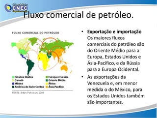 Fluxo comercial de petróleo.
              • Exportação e importação
                Os maiores fluxos
                comerciais do petróleo são
                do Oriente Médio para a
                Europa, Estados Unidos e
                Ásia-Pacífico, e da Rússia
                para a Europa Ocidental.
              • As exportações da
                Venezuela e, em menor
                medida o do México, para
                os Estados Unidos também
                são importantes.
 