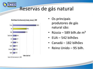 Reservas de gás natural
            • Os principais
              produtores de gás
              natural são:
            • Rússia – 589 bilh.de m³
            • EUA – 542 bilhões
            • Canadá – 182 bilhões
            • Reino Unido – 95 bilh.
 