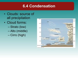 Clouds: source of all precipitation Cloud forms: Strato (low) Alto (middle) Cirro (high) 6.4 Condensation 