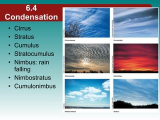 Cirrus Stratus Cumulus Stratocumulus Nimbus: rain falling Nimbostratus Cumulonimbus 6.4 Condensation 