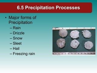 Major forms of Precipitation Rain Drizzle Snow Sleet Hail Freezing rain 6.5 Precipitation Processes 