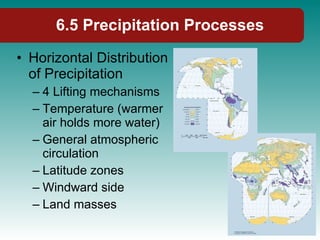 Horizontal Distribution of Precipitation 4 Lifting mechanisms Temperature (warmer air holds more water) General atmospheric circulation Latitude zones Windward side Land masses 6.5 Precipitation Processes 
