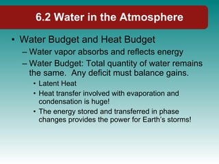 6.2 Water in the Atmosphere Water Budget and Heat Budget Water vapor absorbs and reflects energy Water Budget: Total quantity of water remains the same.  Any deficit must balance gains.  Latent Heat Heat transfer involved with evaporation and condensation is huge!  The energy stored and transferred in phase changes provides the power for Earth’s storms!  