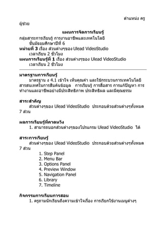 ตำาแหน่ง ครู
ผู้ช่วย
                          แผนการจัดการเรียนรู้
กลุ่มสาระการเรียนรู้ การงานอาชีพและเทคโนโลยี
      ชั้นมัธยมศึกษาปีที่ 6
หน่วยที่ 3 เรื่อง ส่วนต่างๆของ Ulead VideoStudio
      เวลาเรียน 2 ชั่วโมง
แผนการเรียนรู้ที่ 1 เรื่อง ส่วนต่างๆของ Ulead VideoStudio
      เวลาเรียน 2 ชั่วโมง

มาตรฐานการเรียนรู้
     มาตรฐาน ง 4.1 เข้าใจ เห็นคุณค่า และใช้กระบวนการเทคโนโลยี
สารสนเทศในการสืบค้นข้อมูล การเรียนรู้ การสื่อสาร การแก้ปัญหา การ
ทำางานและอาชีพอย่างมีประสิทธิภาพ ประสิทธิผล และมีคุณธรรม

สาระสำาคัญ
     ส่วนต่างๆของ Ulead VideoStudio ประกอบด้วยส่วนต่างๆทั้งหมด
7 ส่วน

ผลการเรียนรู้ที่คาดหวัง
   1. สามารถบอกส่วนต่างๆของโปรแกรม Ulead VideoStudio ได้

สาระการเรียนรู้
     ส่วนต่างๆของ Ulead VideoStudio ประกอบด้วยส่วนต่างๆทั้งหมด
7 ส่วน
          1. Step Panel
          2. Menu Bar
          3. Options Panel
          4. Preview Window
          5. Navigation Panel
          6. Library
          7. Timeline

กิจกรรมการเรียนการสอน
     1. ครูถามนักเรียนถึงความเข้าใจเรื่อง การเรียกใช้งานเมนูต่างๆ
 