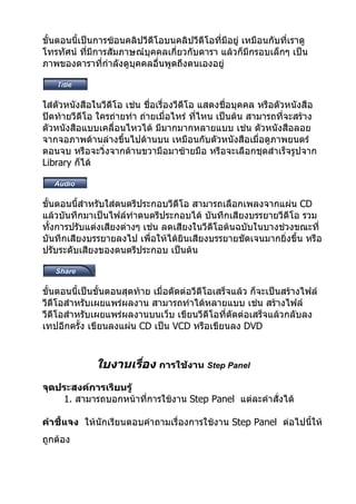 ขั้นตอนนี้เป็นการซ้อนคลิปวีดีโอบนคลิปวีดีโอที่มีอยู่ เหมือนกับที่เราดู
โทรทัศน์ ทีมีการสัมภาษณ์บุคคลเกี่ยวกับดารา แล้วก็มีกรอบเล็กๆ เป็น
            ่
ภาพของดาราที่กำาลังดูบุคคลอื่นพูดถึงตนเองอยู่



ใส่ตัวหนังสือในวีดีโอ เช่น ชื่อเรื่องวีดีโอ แสดงชื่อบุคคล หรือตัวหนังสือ
ปิดท้ายวีดีโอ ใครถ่ายทำา ถ่ายเมื่อไหร่ ทีไหน เป็นต้น สามารถที่จะสร้าง
                                            ่
ตัวหนังสือแบบเคลื่อนไหวได้ มีมากมากหลายแบบ เช่น ตัวหนังสือลอย
จากจอภาพด้านล่างขึ้นไปด้านบน เหมือนกับตัวหนังสือเมื่อดูภาพยนตร์
ตอนจบ หรือจะวิ่งจากด้านขวามือมาซ้ายมือ หรือจะเลือกชุดสำาเร็จรูปจาก
Library ก็ได้



ขั้นตอนนี้สำาหรับใส่ดนตรีประกอบวีดีโอ สามารถเลือกเพลงจากแผ่น CD
แล้วบันทึกมาเป็นไฟล์ทำาดนตรีประกอบได้ บันทึกเสียงบรรยายวีดีโอ รวม
ทั้งการปรับแต่งเสียงต่างๆ เช่น ลดเสียงในวีดีโอต้นฉบับในบางช่วงขณะที่
บันทึกเสียงบรรยายลงไป เพื่อให้ได้ยินเสียงบรรยายชัดเจนมากยิ่งขึ้น หรือ
ปรับระดับเสียงของดนตรีประกอบ เป็นต้น



ขั้นตอนนี้เป็นขั้นตอนสุดท้าย เมื่อตัดต่อวีดีโอเสร็จแล้ว ก็จะเป็นสร้างไฟล์
วีดีโอสำาหรับเผยแพร่ผลงาน สามารถทำาได้หลายแบบ เช่น สร้างไฟล์
วีดีโอสำาหรับเผยแพร่ผลงานบนเว็บ เขียนวีดีโอที่ตัดต่อเสร็จแล้วกลับลง
เทปอีกครั้ง เขียนลงแผ่น CD เป็น VCD หรือเขียนลง DVD



              ใบงานเรือง การใช้งาน Step Panel
                      ่
จุดประสงค์การเรียนรู้
    1. สามารถบอกหน้าที่การใช้งาน Step Panel แต่ละคำาสั่งได้

คำาชี้แจง ให้นักเรียนตอบคำาถามเรื่องการใช้งาน Step Panel ต่อไปนี้ให้
ถูกต้อง
 