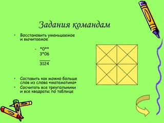 Задания командам
•   Восстановить уменьшаемое
    и вычитаемое

          - *0**
            3*06
            ____
            3124


•   Составить как можно больше
    слов из слова «математика»
•   Сосчитать все треугольники
    и все квадраты по таблице
 