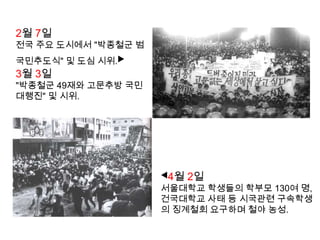 1987년 1월 14일서울대학교 언어학과 학생인 박종철, 치안본부 남영동 대공분실에서 경찰의 물고문으로 사망. 경찰은 '책상을 탁 치니 억 하고 쓰러졌다' 라고 발표하였다.