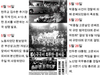 2월 7일 전국 주요 도시에서 "박종철군 범국민추도식" 및 도심 시위.▶3월 3일"박종철군 49재와 고문추방 국민대행진" 및 시위.◀4월 2일 서울대학교 학생들의 학부모 130여 명, 건국대학교 사태 등 시국관련 구속학생의 징계철회 요구하며 철야 농성.