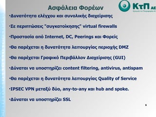Δυνατότητα ελέγχου και συνολικής διαχείρισης Σε περιπτώσεις "συγκατοίκησης"  virtual firewalls Προστασία από  Internet, DC, Peerings  και Φορείς Θα παρέχεται η δυνατότητα λειτουργίας περιοχής  DMZ   Θα παρέχεται Γραφικό Περιβάλλον Διαχείρισης ( GUI ) Δύναται να υποστηρίζει  content filtering ,  antivirus ,  antispam Θα παρέχεται η δυνατότητα λειτουργίας  Quality of Service IPSEC VPN  μεταξύ δύο,  any - to - any  και  hub and spoke. Δύναται να υποστηρίζει  SSL Ασφάλεια Φορέων 