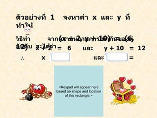 ตัวอย่างที่  1 จงหาค่า  x  และ  y  ที่ทำให้  (x + 2, y + 10)  =  (6, 12) วิธีทำ จากความหมายการเท่ากันของคู่อันดับ  จะได้ว่า   x + 2  =  6  และ  y + 10  =  12    x  =    และ  y  =  <Keypad will appear here based on shape and location of this rectangle.> 