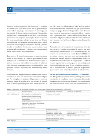 Revista de Universidad y Sociedad del Conocimiento                                              Vol. 3 - N.º 2 / Octubre de 2006

www.uoc.edu/rusc                                                                                                                    ISSN 1698-580X




Como ya hemos comentado anteriormente, el estudian-                        po wiki (http://es.wikipedia.org/wiki/Wiki) y progra-
te involucrado en la realización de un proyecto con                        mas informáticos de comunicación que posibiliten su
otros deberá desplegar un conjunto de estrategias de                       trabajo en grupo. Esta tecnología deberá estar diseñada
aprendizaje de forma bastante autónoma. Esto significa                     para ayudar a intercambiar y compartir ideas y resulta-
que necesitará un alto grado de iniciativa en su trabajo y                 dos, a promover una colaboración amplia entre los
que tomará un conjunto muy amplio de decisiones so-                        miembros del grupo y a favorecer la discusión, el debate
bre su proceso de aprendizaje, ya que tiene por delante                    y el consenso en relación con el proceso de elaboración
un cúmulo de tareas poco o mal estructuradas, y cogni-                     del proyecto.
tivamente muy complejas y exigentes. Las TIC pueden
ayudar al estudiante de diversas maneras, tanto para                       Naturalmente, este conjunto de herramientas deberán
gestionar adecuadamente el tiempo como para ayudar a                       integrarse en el ámbito tecnológico de manera que sean
tomar las decisiones más convenientes.                                     utilizadas por los estudiantes en el momento que sea ne-
                                                                           cesario. Las aportaciones de García Tamarit (2005) nos
Este proceso de toma de decisiones, en tanto que estra-                    permiten conocer un poco más qué estrategias de
tegias de aprendizaje, se concreta, por poner algunos                      aprendizaje pueden seguir los estudiantes en el proceso
ejemplos, en la identificación de lo que conoce y de lo                    de elaboración colaborativa de un proyecto. La tabla 1
que no conoce, la búsqueda y la selección de informa-                      resume algunas de las estrategias de aprendizaje que
ción relevante para su proyecto, y su organización, com-                   fueron utilizadas por parte de un estudiante para abor-
prensión, análisis, representación, elaboración y comu-                    dar la realización de la primera parte de un proyecto,
nicación.                                                                  que se centra en la búsqueda y análisis de información.

Además de este trabajo individual, el estudiante deberá                    Las TIC y la relación entre el estudiante y el contenido
coordinar su tarea con el resto de los miembros del gru-                   Las TIC pueden ayudar de manera privilegiada a poner
po. Por ejemplo, si el resultado del proyecto es un docu-                  en relación al estudiante con el contenido. Para todas
mento y puede desarrollarse en un formato de página                        las exigencias cognitivas que demanda el tratamiento de
web, el alumno puede requerir sitios informáticos del ti-                  los contenidos que hemos indicado anteriormente, el


TABLA 1. Estrategias de aprendizaje utilizadas para llevar a cabo la parte inicial de un proyecto colaborativo
                         Trabajo individual                        Grupo de trabajo colaborativo       Interacción con el docente
Sobre la información     Buscar y seleccionar información          Compartir información
                         Revisar información encontrada
                         (tanto por él mismo como por los
                         compañeros)
                         Analizar información (contrastar,
                         discriminar y seleccionar información
                         relevante al proyecto)
                         Redactar información
Sobre la tarea                                                     Planificar las tareas
                                                                   Solicitar orientación a los         Solicitar orientación al docente
                                                                   compañeros sobre la tarea           sobre la tarea
                                                                   Clarificar dudas sobre la tarea     Clarificar dudas sobre la tarea
                                                                   Buscar consenso sobre la tarea
Sobre el grupo                                                     Cohesionar el grupo




                                                                      46
    Antoni Badia y Consuelo García                                    1
 