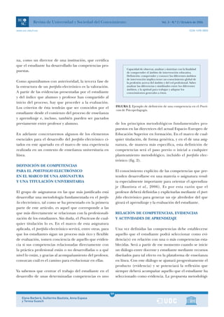 Revista de Universidad y Sociedad del Conocimiento                                            Vol. 3 - N.º 2 / Octubre de 2006

www.uoc.edu/rusc                                                                                                                   ISSN 1698-580X




na, como un director de una institución, que certifica
que el estudiante ha desarrollado las competencias pro-
                                                                            Capacidad de observar, analizar y sintetizar con la finalidad
puestas.                                                                    de comprender el ámbito de intervención educativa.
                                                                            Definición: comprender y conocer los diferentes ámbitos
                                                                            de intervención implica tener un conocimiento global de
Como apuntábamos con anterioridad, la tercera fase de                       la profesión acerca del ámbito y del rol profesional. Saber
la estructura de un portfolio electrónico es la valoración.                 analizar las diferencias y similitudes entre los diferentes
                                                                            ámbitos, y la aptitud para trabajar y adaptar los
A partir de las evidencias presentadas por el estudiante                    conocimientos generales a éstos.
y del índice que alumno y profesor han compartido al
inicio del proceso, hay que proceder a la evaluación.
Los criterios de ésta tendrán que ser conocidos por el               FIGURA 2. Ejemplo de definición de una competencia en el Practi-
                                                                     cum de Psicopedagogía.
estudiante desde el comienzo del proceso de enseñanza
y aprendizaje e, incluso, también pueden ser pactados
previamente entre profesor y alumno.                                 de los principios metodológicos fundamentales pro-
                                                                     puestos en las directrices del actual Espacio Europeo de
En adelante concretaremos algunos de los elementos                   Educación Superior en formación. En el marco de cual-
esenciales para el desarrollo del portfolio electrónico ci-          quier titulación, de forma genérica, y en el de una asig-
tados en este apartado en el marco de una experiencia                natura, de manera más específica, esta definición de
realizada en un contexto de enseñanza universitaria en               competencias será el paso previo o inicial a cualquier
línea.                                                               planteamiento metodológico, incluido el portfolio elec-
                                                                     trónico (fig. 2).
DEFINICIÓN DE COMPETENCIAS
PARA EL PORTFOLIO ELECTRÓNICO                                        El conocimiento explícito de las competencias que pre-
EN EL MARCO DE UNA ASIGNATURA                                        tenden desarrollarse en una materia o asignatura resul-
Y UNA TITULACIÓN UNIVERSITARIA                                       ta especialmente importante para orientar el aprendiza-
                                                                     je (Bautista et al., 2006). Es por esta razón que el
El grupo de asignaturas en las que más justificado está              profesor deberá definirlas y explicitarlas mediante el port-
desarrollar una metodología fundamentada en el portfo-               folio electrónico para generar un eje alrededor del que
lio electrónico, tal como se ha presentado en la primera             girará el aprendizaje y la evaluación del estudiante.
parte de este artículo, es aquel que corresponde a las
que más directamente se relacionan con la profesionali-              RELACIÓN DE COMPETENCIAS, EVIDENCIAS
zación de los estudiantes. Sin duda, el Practicum de cual-           Y ACTIVIDADES DE APRENDIZAJE
quier titulación lo es. En el marco de esta asignatura
aplicada, el portfolio electrónico servirá, entre otras, para        Una vez definidas las competencias debe establecerse
que los estudiantes sigan un proceso más rico y flexible             aquello que el estudiante podrá seleccionar como evi-
de evaluación, tomen conciencia de aquello que eviden-               dencia(s) en relación con una o más competencias esta-
cia si sus competencias relacionadas directamente con                blecidas. Será a partir de ese momento cuando se inicie
la práctica profesional están o no desarrolladas o a qué             un diálogo entre docente y estudiante mediante recursos
nivel lo están, y gracias al acompañamiento del profesor,            diseñados para tal efecto en la plataforma de enseñanza
conozcan cuál es el camino para evolucionar en ellas.                en línea. Con este diálogo se ajustará progresivamente el
                                                                     producto (evidencia) y se potenciará la reflexión que
Ya sabemos que centrar el trabajo del estudiante en el               siempre deberá acompañar aquello que el estudiante ha
desarrollo de unas determinadas competencias es uno                  seleccionado como evidencia. La propuesta metodológi-



                                                                59
    Elena Barberà, Guillermo Bautista, Anna Espasa              1
    y Teresa Guasch
 