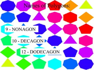 Names of Polygons: 9 - NONAGON 10 - DECAGON 12 - DODECAGON 