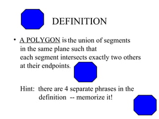 DEFINITION A POLYGON  is the union of segments  in the same plane such that  each segment intersects exactly two others  at their endpoints . Hint:  there are 4 separate phrases in the  definition  -- memorize it! 