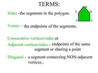 TERMS: Sides  -  Vertex  –  Consecutive vertices/sides  or Adjacent vertices/sides  - Diagonal  -  the segments in the polygon. the endpoints of the segments. endpoints of the same segment or sharing a point a segment connecting NON-adjacent vertices.. H E  O S  U 