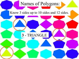 Names of Polygons: Know 3 sides up to 10 sides and 12 sides. 3  - TRIANGLE 