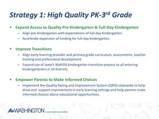 Strategy 1: High Quality PK-3rd Grade
 Expand Access to Quality Pre-Kindergarten & Full-Day Kindergarten
    – Align pre-Kindergarten with expectations of full-day Kindergarten.
    – Accelerate expansion of funding for full-day kindergarten.

 Improve Transitions
    – Align early learning provider and primary grade curriculum, assessments, teacher
      training and professional development.
    – Expand use of state’s WaKIDS kindergarten transition process to all entering
      kindergarteners in all districts.

 Empower Parents to Make Informed Choices
    – Implement the Quality Rating and Improvement System (QRIS) statewide to help
      drive and support improvement in early learning settings and help parents make
      informed choices about educational opportunities.
 