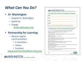 What Can You Do?
 A+ Washington
   – Support A+ Washington
   – Speak Up
   – Engage
       www.apluswa.org

 Partnership for Learning
   – Receive regular
     communications
      • E-newsletters
      • Twitter
      • Facebook
  www.partnership4learning.org
 