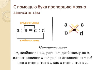 С помощью букв пропорцию можно
записать так:

   СРЕДНИЕ ЧЛЕНЫ
                           а   с
  а:в=с:d                  в =
                               d
   КРАЙНИЕ ЧЛЕНЫ


              Читается так:
 а, делѐнное на в, равно с, делѐнному на d,
или отношение а и в равно отношению с к d,
  или а относится к в как d относится к с.
 