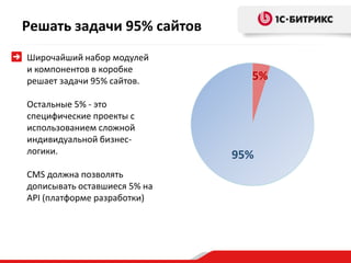 Решать задачи 95% сайтов
Широчайший набор модулей
и компонентов в коробке
решает задачи 95% сайтов.       5%

Остальные 5% - это
специфические проекты с
использованием сложной
индивидуальной бизнес-
логики.                       95%
CMS должна позволять
дописывать оставшиеся 5% на
API (платформе разработки)
 