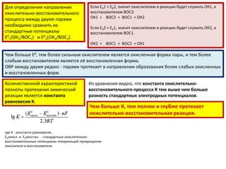 Для определения направления                   Если Е01 > Е02, значит окислителем в реакции будет служить ОК1, а
окислительно-восстановительного               восстановителем ВОС2:
процесса между двумя парами                   ОК1 + ВОС2 = ВОС1 + ОК2
необходимо сравнить их                        Если Е02 > Е01, значит окислителем в реакции будет служить ОК2, а
стандартные потенциалы                        восстановителем ВОС1.
Е01(ОК1/ВОС1) и Е02(ОК2/ВОС2).
                                              ОК2 + ВОС1 = ВОС2 + ОК1

Чем больше Е0, тем более сильным окислителем является окисленная форма пары, и тем более
слабым восстановителем является её восстановленная форма.
ОВР между двумя редокс - парами протекает в направлении образования более слабых окисленных
и восстановленных форм.

Количественной характеристикой               Из уравнения видно, что константа окислительно-
полноты протекания химической                восстановительного процесса К тем выше чем больше
реакции является константа                   разность стандартных электродных потенциалов.
равновесия К.
                                             Чем больше К, тем полнее и глубже протекает
                                             окислительно-восстановительная реакция.


где К - константа равновесия,
Е0окисл. и Е0восстан. - стандартные окислительно-
восстановительные потенциалы полуреакций превращения
окислителя и восстановителя.
 