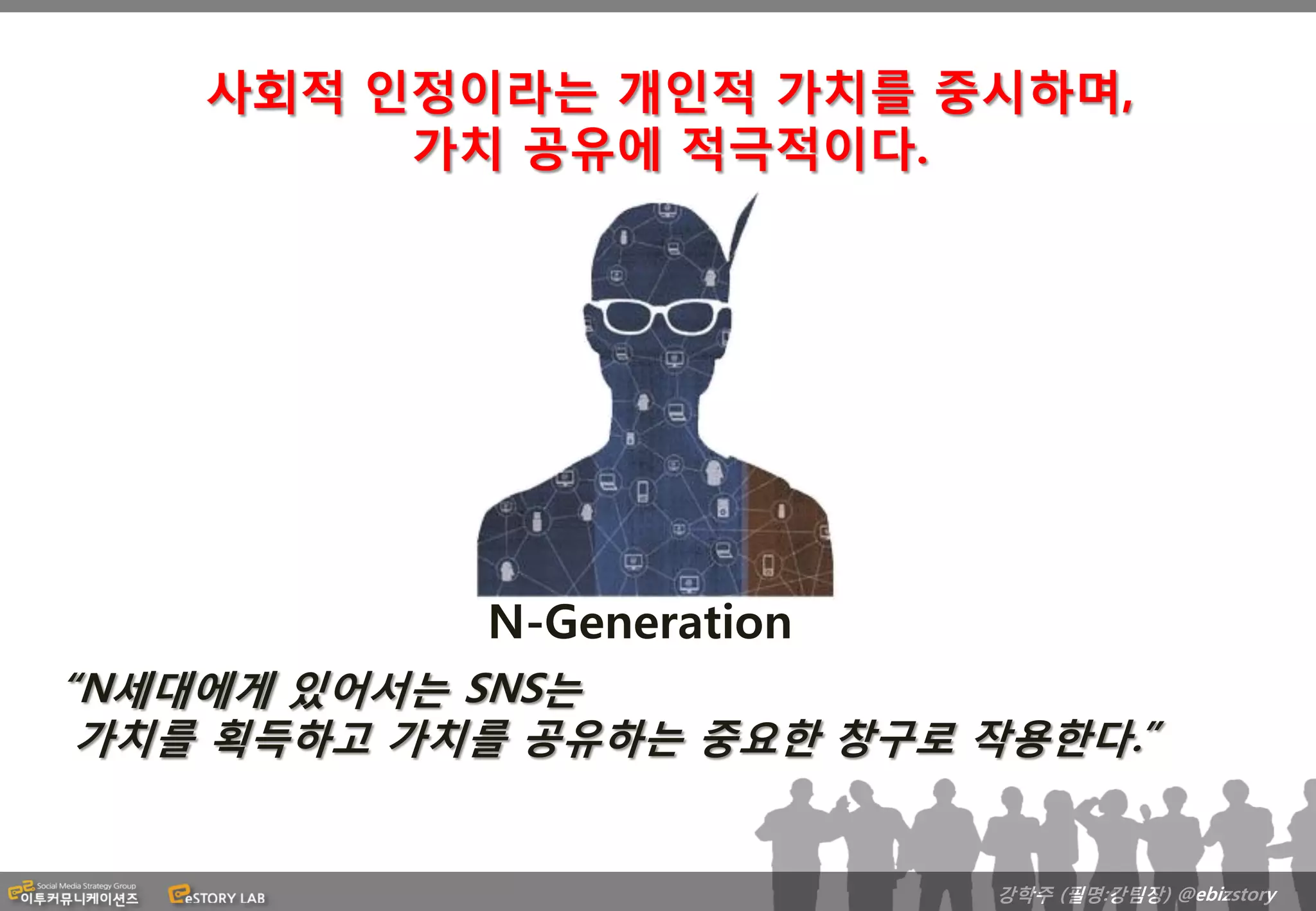 사회적 인정이라는 개인적 가치를 중시하며,
         가치 공유에 적극적이다.




            N-Generation
“N세대에게 있어서는 SNS는
 가치를 획득하고 가치를 공유하는 중요한 창구로 작용한다.”


                            강학주 (필명:강팀장) @ebizstory
 