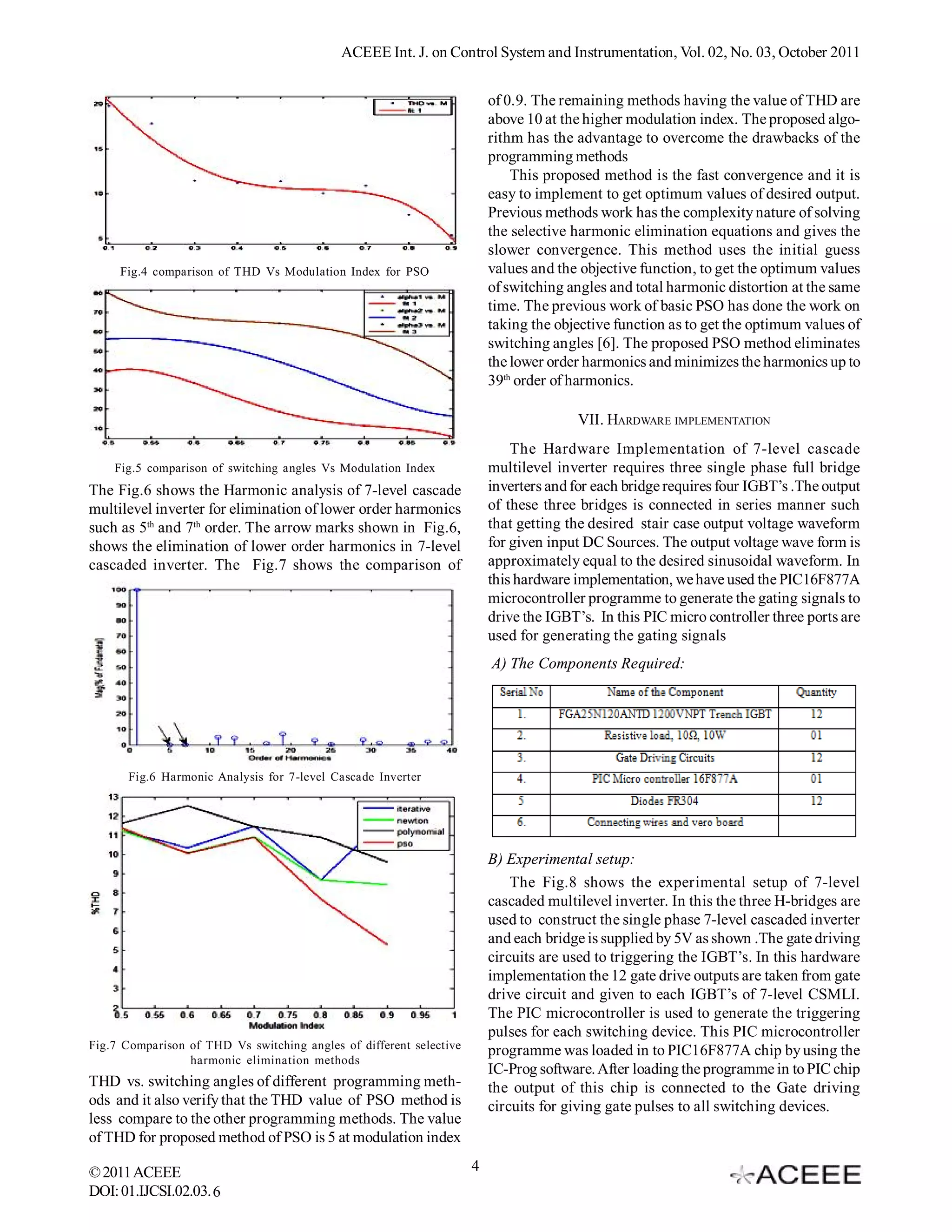 ACEEE Int. J. on Control System and Instrumentation, Vol. 02, No. 03, October 2011


                                                                         of 0.9. The remaining methods having the value of THD are
                                                                         above 10 at the higher modulation index. The proposed algo-
                                                                         rithm has the advantage to overcome the drawbacks of the
                                                                         programming methods
                                                                             This proposed method is the fast convergence and it is
                                                                         easy to implement to get optimum values of desired output.
                                                                         Previous methods work has the complexity nature of solving
                                                                         the selective harmonic elimination equations and gives the
                                                                         slower convergence. This method uses the initial guess
     Fig.4 comparison of THD Vs Modulation Index for PSO                 values and the objective function, to get the optimum values
                                                                         of switching angles and total harmonic distortion at the same
                                                                         time. The previous work of basic PSO has done the work on
                                                                         taking the objective function as to get the optimum values of
                                                                         switching angles [6]. The proposed PSO method eliminates
                                                                         the lower order harmonics and minimizes the harmonics up to
                                                                         39th order of harmonics.

                                                                                       VII. HARDWARE IMPLEMENTATION
                                                                             The Hardware Implementation of 7-level cascade
    Fig.5 comparison of switching angles Vs Modulation Index             multilevel inverter requires three single phase full bridge
The Fig.6 shows the Harmonic analysis of 7-level cascade                 inverters and for each bridge requires four IGBT’s .The output
multilevel inverter for elimination of lower order harmonics             of these three bridges is connected in series manner such
such as 5th and 7th order. The arrow marks shown in Fig.6,               that getting the desired stair case output voltage waveform
shows the elimination of lower order harmonics in 7-level                for given input DC Sources. The output voltage wave form is
cascaded inverter. The Fig.7 shows the comparison of                     approximately equal to the desired sinusoidal waveform. In
                                                                         this hardware implementation, we have used the PIC16F877A
                                                                         microcontroller programme to generate the gating signals to
                                                                         drive the IGBT’s. In this PIC micro controller three ports are
                                                                         used for generating the gating signals
                                                                         A) The Components Required:




       Fig.6 Harmonic Analysis for 7-level Cascade Inverter




                                                                         B) Experimental setup:
                                                                             The Fig.8 shows the experimental setup of 7-level
                                                                         cascaded multilevel inverter. In this the three H-bridges are
                                                                         used to construct the single phase 7-level cascaded inverter
                                                                         and each bridge is supplied by 5V as shown .The gate driving
                                                                         circuits are used to triggering the IGBT’s. In this hardware
                                                                         implementation the 12 gate drive outputs are taken from gate
                                                                         drive circuit and given to each IGBT’s of 7-level CSMLI.
                                                                         The PIC microcontroller is used to generate the triggering
                                                                         pulses for each switching device. This PIC microcontroller
Fig.7 Comparison of THD Vs switching angles of different selective       programme was loaded in to PIC16F877A chip by using the
                 harmonic elimination methods
                                                                         IC-Prog software. After loading the programme in to PIC chip
THD vs. switching angles of different programming meth-                  the output of this chip is connected to the Gate driving
ods and it also verify that the THD value of PSO method is               circuits for giving gate pulses to all switching devices.
less compare to the other programming methods. The value
of THD for proposed method of PSO is 5 at modulation index

© 2011 ACEEE                                                         4
DOI: 01.IJCSI.02.03.6
 