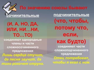 По значению союзы бывают
  сочинительные         подчинительные

  (И, А, НО, ДА,
                        (что, чтобы,
  ИЛИ, НИ…НИ,           потому что,
     ТО…ТО)                если,
 соединяют однородные
     члены и части       как будто)
   сложносочиненного       соединяют части
      предложения        сложноподчиненного
Лишь сердце стучит,          предложения
 да песня звучит, да     Отец потребовал,
тихо рокочет струна.    чтобы я ехал с ним.
 