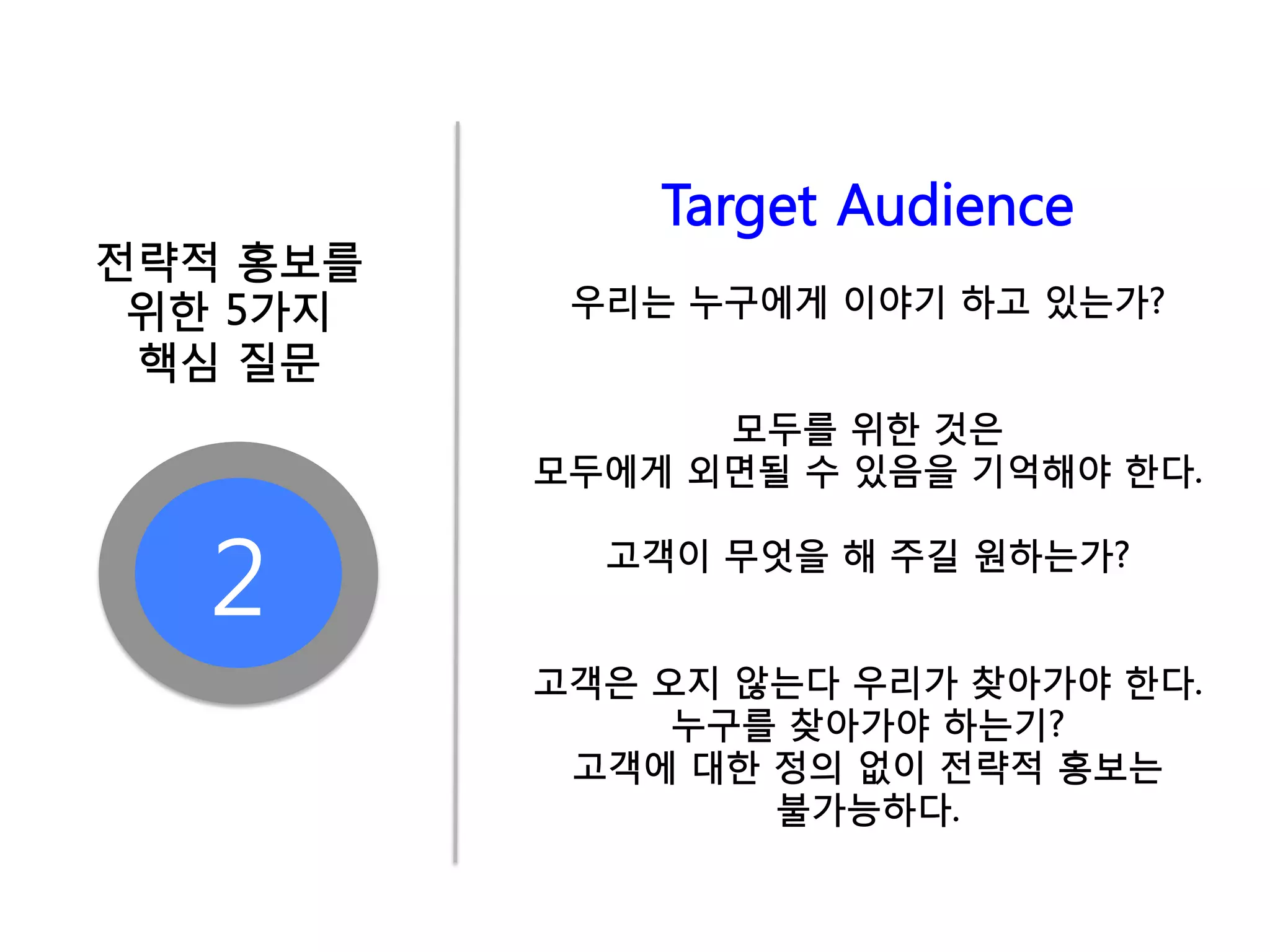 Target Audience
전략적 홍보를
 위한 5가지    우리는 누구에게 이야기 하고 있는가?
 핵심 질문
                모두를 위한 것은
          모두에게 외면될 수 있음을 기억해야 한다.


  2         고객이 무엇을 해 주길 원하는가?


          고객은 오지 않는다 우리가 찾아가야 한다.
               누구를 찾아가야 하는기?
           고객에 대한 정의 없이 전략적 홍보는
                  불가능하다.
 