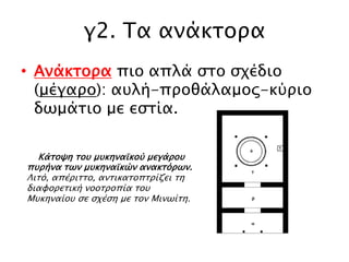 γ2. Τα ακάθημνα
• Ανάκηορα πην απιά ζην ζρέδην (κέγαξν):
απιή-πξνζάιακνο-θύξην δσκάηην κε εζηία.

► Κάσοχη σοτ μτκηναωκού μεγάποτ

πτπήνα σψν μτκηναωκών ανακσόπψν.
Λισό, απέπισσο, ανσικασοπσπίζει ση
διαυοπεσική νοοσποπία σοτ
Μτκηναίοτ ςε ςφέςη με σον Μινψίση.

 