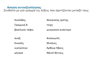 Άζκηζη αρηξανιξλόγηζηπ
Σοκδέζηε με μία γναμμή ηηξ ιέλεηξ πμο ζπεηίδμκηαη μεηαλύ ημοξ.
Κπθιάδεο

Μπθελαίνο εγέηεο

Γξακκηθή Β

ηείρε

βαζηιηθνί ηάθνη

κπθελατθό αλάθηνξν

άλαμ

Φπιαθσπή

Κλσζόο

Μπθήλεο

θπθιώπεηα

Άξζνπξ Έβαλο

κέγαξν

Μάηθι Βέληξηο

 