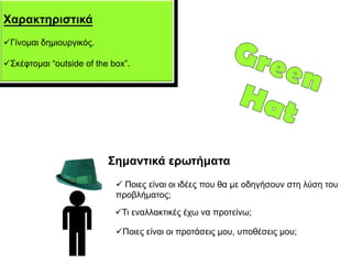 Χαξαθηεξηζηηθά
Γίλνκαη δεκηνπξγηθόο.

΢θέθηνκαη “outside of the box”.




                          Σεκαληηθά εξσηήκαηα
                             Πνηεο είλαη νη ηδέεο πνπ ζα κε νδεγήζνπλ ζηε ιύζε ηνπ
                            πξνβιήκαηνο;
                            Ση ελαιιαθηηθέο έρσ λα πξνηείλσ;

                            Πνηεο είλαη νη πξνηάζεηο κνπ, ππνζέζεηο κνπ;
 