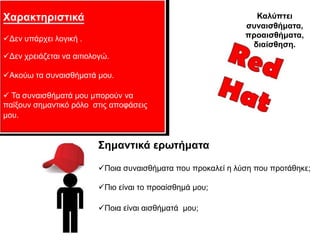 Χαξαθηεξηζηηθά                                                  Καιύπηεη
                                                              ζπλαηζζήκαηα,
Γελ ππάξρεη ινγηθή .                                         πξναηζζήκαηα,
                                                               δηαίζζεζε.
Γελ ρξεηάδεηαη λα αηηηνινγώ.

Αθνύσ ηα ζπλαηζζήκαηά κνπ.

 Σα ζπλαηζζήκαηά κνπ κπνξνύλ λα
παίμνπλ ζεκαληηθό ξόιν ζηηο απνθάζεηο
κνπ.


                          Σεκαληηθά εξσηήκαηα

                          Πνηα ζπλαηζζήκαηα πνπ πξνθαιεί ε ιύζε πνπ πξνηάζεθε;

                          Πην είλαη ην πξναίζζεκά κνπ;

                          Πνηα είλαη αηζζήκαηά κνπ;
 