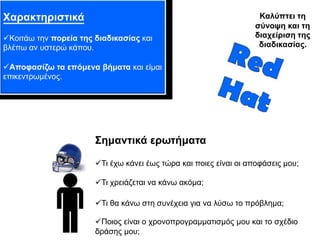 Χαξαθηεξηζηηθά                                                      Καιύπηεη ηε
                                                                   ζύλνςε θαη ηε
Κνηηάσ ηελ πνξεία ηεο δηαδηθαζίαο θαη                             δηαρείξηζε ηεο
βιέπσ αλ πζηεξώ θάπνπ.                                              δηαδηθαζίαο.

Απνθαζίδσ ηα επόκελα βήκαηα θαη είκαη
επηθεληξσκέλνο.




                       Σεκαληηθά εξσηήκαηα

                       Ση έρσ θάλεη έσο ηώξα θαη πνηεο είλαη νη απνθάζεηο κνπ;

                       Ση ρξεηάδεηαη λα θάλσ αθόκα;

                       Ση ζα θάλσ ζηε ζπλέρεηα γηα λα ιύζσ ην πξόβιεκα;

                       Πνηνο είλαη ν ρξνλνπξνγξακκαηηζκόο κνπ θαη ην ζρέδην
                       δξάζεο κνπ;
 