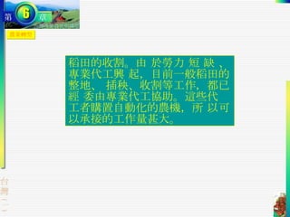 農業轉型 稻田的收割。由 於勞力 短 缺 、 專業代工興 起，目前一般稻田的整地、 插秧、收割等工作，都已經 委由專業代工協助。這些代 工者購置自動化的農機，所 以可以承接的工作量甚大。  