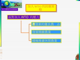 研發新的優良農產品 積極推廣休閒農業 面對加入 WTO  的壓力 加入 WTO 的因應策略  加入 WTO 的因應策略 發展精緻農業 