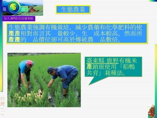 加入 WTO 的因應策略 生態農業強調有機栽培，減少農藥和化學肥料的使用，相對而言其產量較少、生產成本較高，然而所收穫的產品價位卻可高於傳統農產品數倍。 生態農業 臺東縣 鹿野 有機米產銷班使用「稻鴨共育」栽種法。 