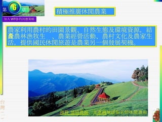 加入 WTO 的因應策略 積極推廣休閒農業 農家利用農村的田園景觀、自然生態及環境資源，結合農林漁牧生產、農業經營活動、農村文化及農家生活，提供國民休閒旅遊是農業另一個發展契機。 南投 清境農場 ，是 臺灣 地區知名的休閒農場 